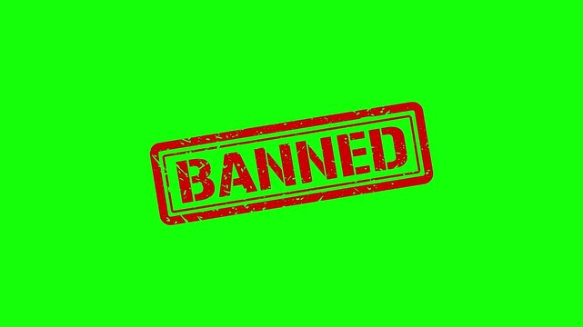 Banned red rubber stamp effect on green screen background, for moderation