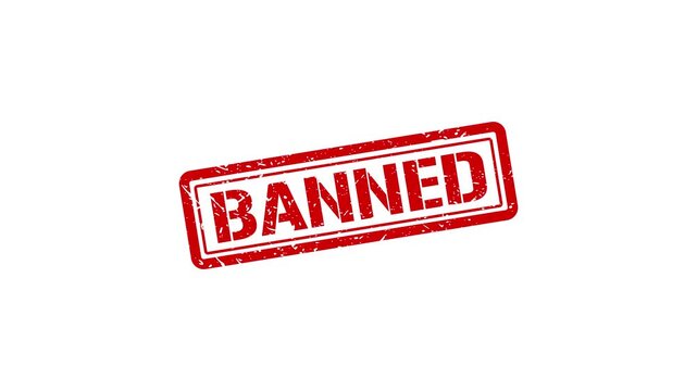 Banned red rubber stamp impression on white background, grunge texture overlay