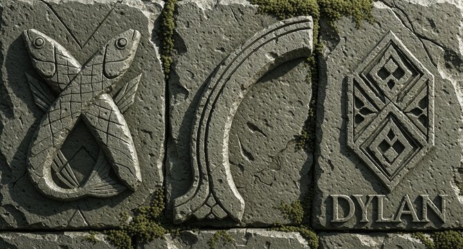 Ancient Stone Relief Carvings of Fish and Geometric Symbols on Mossy Rock Wall