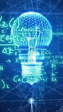 Animation of chemical equations over light bulb and networks on dark background