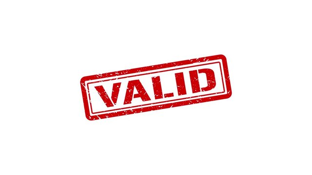 Red valid rubber stamp impression animation on white background, approved authentic