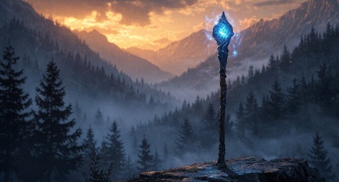 Glowing Magic Staff in Misty Forest Mountains at Sunset
