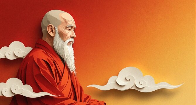 Buddhist Monk Meditation Profile Portrait with Stylized Clouds and Red Gradient Background