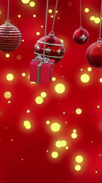 Animation of christmas baubles over light spots on red background