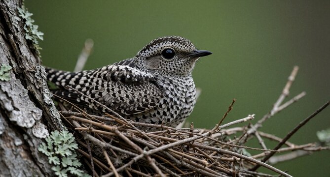Little Pipit Bird Sitting in Nest on Tree Trunk in Nature