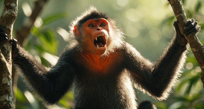 Suricate Macaque Monkey Screaming in Jungle Forest with Golden Sunlight Background