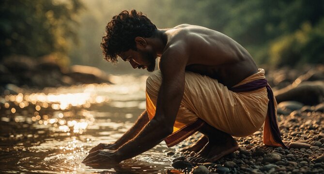 Indian Man Performing Holy Ritual in River at Sunset