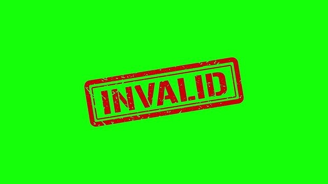 Red invalid rubber stamp impression animation on green screen background, rejected denied