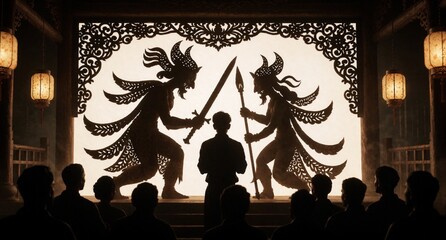 Fototapeta premium Shadow Puppet Theater Performance with Traditional Indonesian Wayang Kulit Figures and Audience Silhouettes