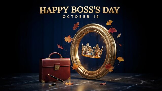 Happy Boss's Day October 16 greeting. Elegant gold crown in frame with leather briefcase. Professional corporate holiday banner.