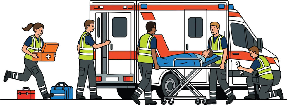 Emergency medical team assisting patient with ambulance illustration isolated on transparent background
