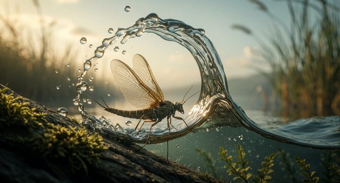 Mayfly Insect Emerging from Water Splash at Sunset