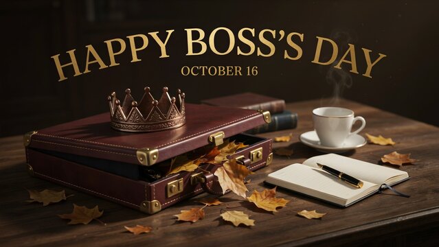 Happy Boss's Day greeting with gold crown on leather briefcase. October 16 celebration banner. Professional office desk with coffee and notebook.