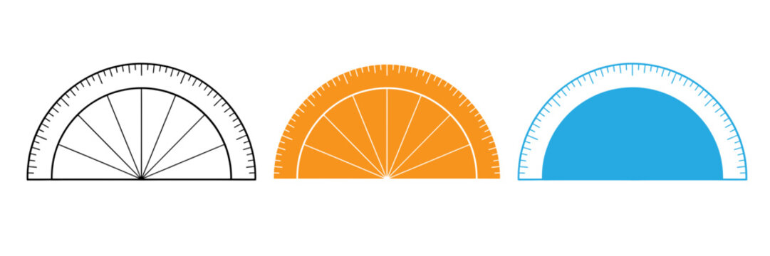 Set of three colorful arch shaped protractors with measurement markings for geometry and technical drawing projects