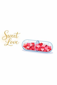 Valentine capsule filled with pink and red heart candies for love background and romantic banner design suitable for greeting card or wallpaper
