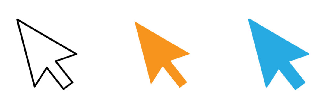 A set of three stylized computer mouse cursor arrow icons in black outline orange and blue colors