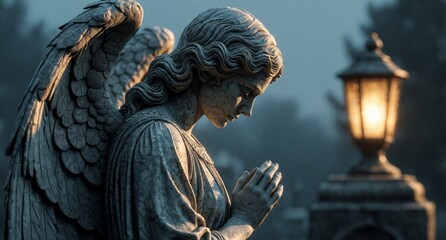 Naklejka premium Angel Statue Praying in Cemetery at Night with Glowing Lantern Light