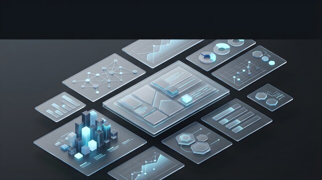 Transparent glass panels with data visualization charts and UI elements