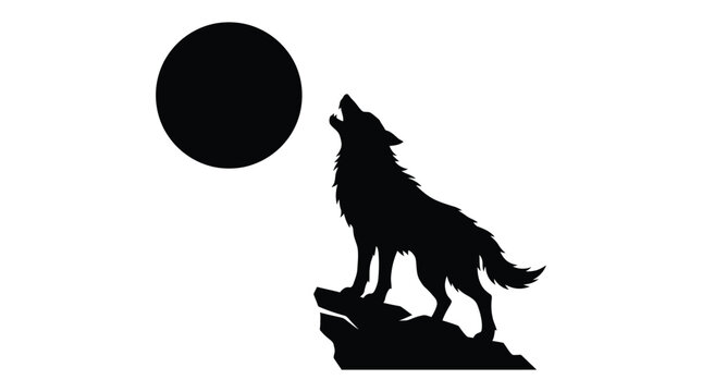 Howling wolf and full moon depicted as a black silhouette