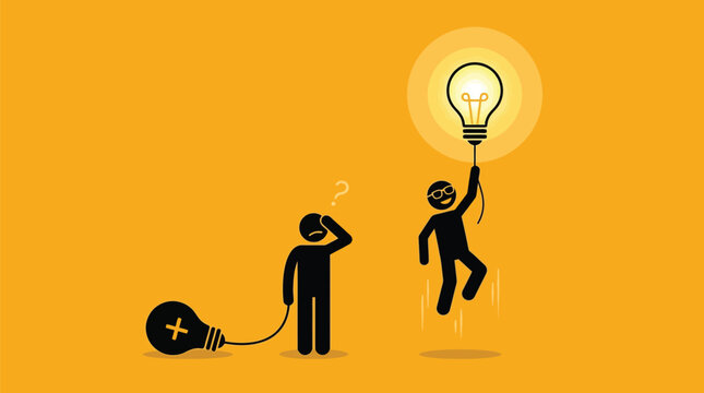 Creative vector illustration showing stick figure flying with glowing lightbulb while another person looks confused