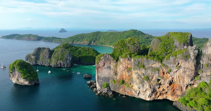 Aerial Panorama of Nui Beach and Turquoise Coastal Waters &ndash; Phi Phi island, Thailand Nature Landscape