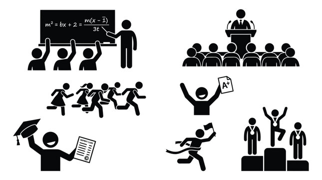 Stick figure education icons showing students learning academic success and achievement in simple black vector illustration