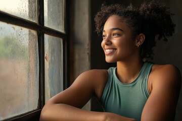 Fototapeta premium Smiling young woman looking out of a window with natural sunlight illuminating her happy face