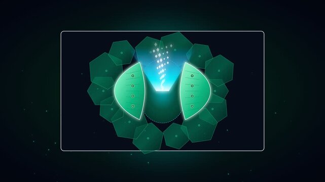 Futuristic digital technology concept with glowing green geometric shapes and abstract light matrix