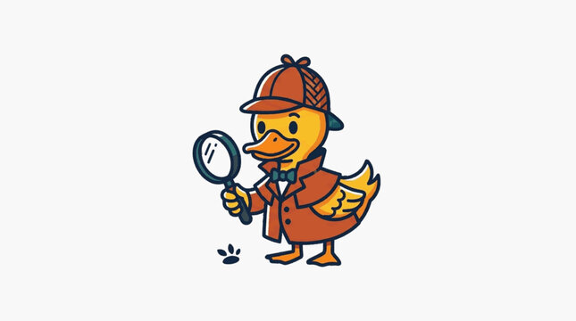 Cartoon detective duck character wearing a deerstalker hat and trench coat holding a magnifying glass and inspecting a footprint on a white background. Isolated vector illustration.