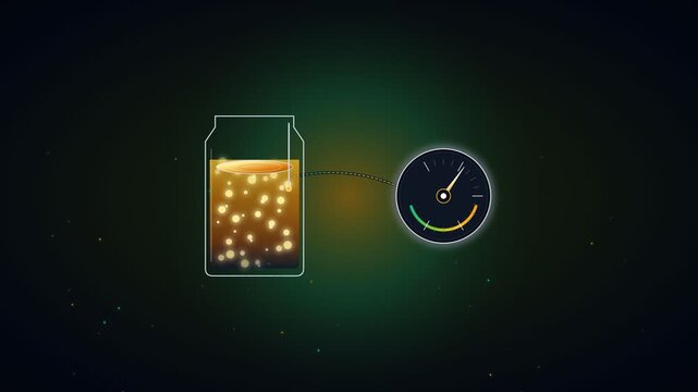 Digital illustration of glowing energy jar connected to a dashboard gauge representing power and data flow