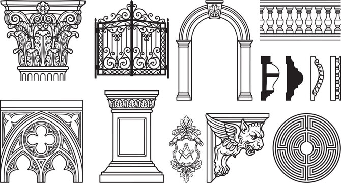 Set of architectural line details including a corinthian capital, wrought iron gate, gothic arch, balustrade, gargoyle, and masonic emblem