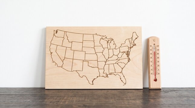 Engraved wooden map of United States with state boundaries beside wooden thermometer at 79&deg;F, minimalist craftsmanship blending decor and functionality.