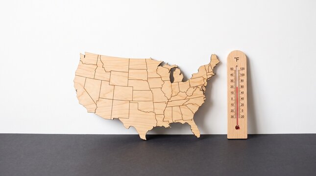 Engraved wooden map of United States with state boundaries beside wooden thermometer at 79&deg;F, minimalist craftsmanship blending decor and functionality.
