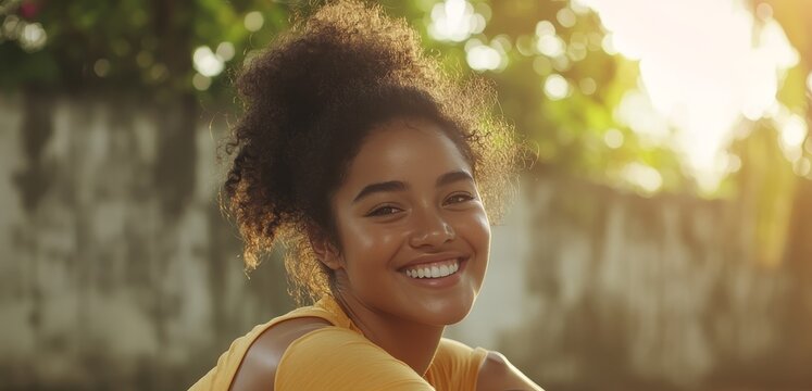 Young woman with curly hair smiling brightly outdoors during a warm golden hour sunset session