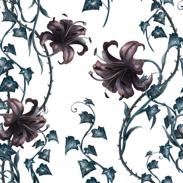Seamless pattern with dark lilies, thorny vines, ivy leaves hand drawn watercolor illustration. Gothic victorian witch craft poison garden aesthetic for spooky halloween Fabric, mystical textile print