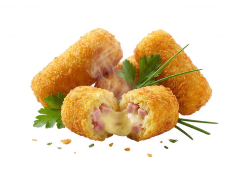 Crispy fried potato croquettes with melted cheese isolated on transparent