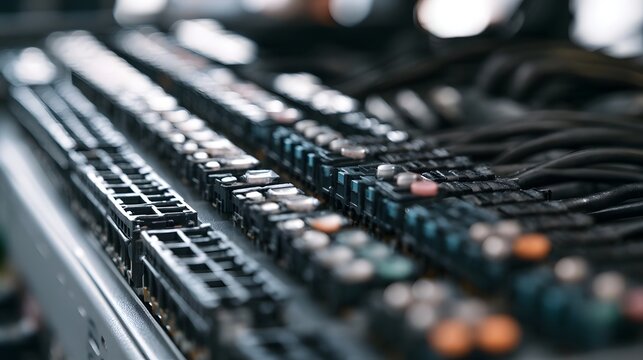 Close up of a network patch panel with rows of ports and cables  showing organized connectivity hardware in a professional setting