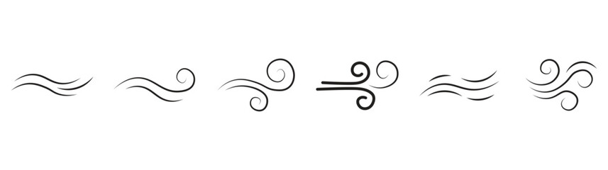Naklejka premium Wind Flow and Gust Line Icon Set - Air Breeze Swirl Vector Elements