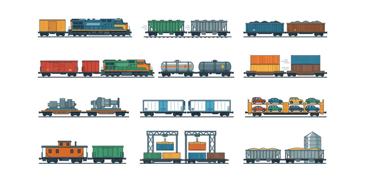 Set of colorful freight train cars and cargo containers in flat vector style.