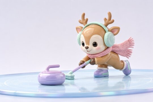 Cute Reindeer Playing Curling on Pastel Ice 3D Illustration