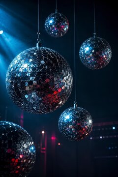 Shiny disco balls hang from the ceiling, reflecting colorful lights in a dark party or club setting, creating a festive and vibrant atmosphere.