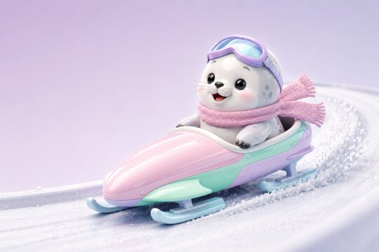 Cute Seal Riding Pastel Bobsled in Winter 3D Illustration
