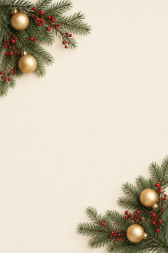 Elegant Christmas pine and gold ornament border on ivory