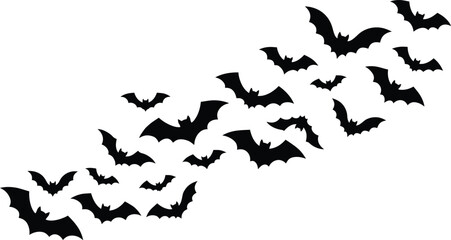 Fototapeta premium A flock of black bat silhouettes flying together in a diagonal halloween pattern