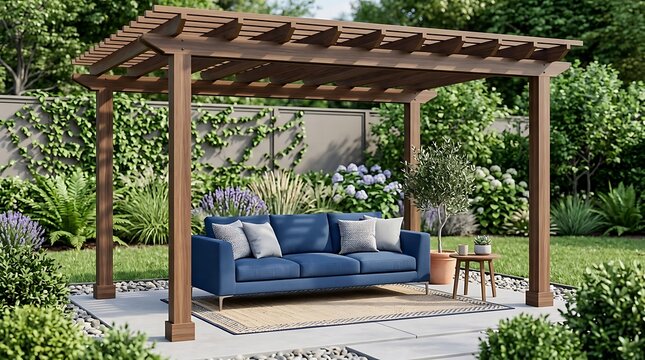 Blue sofa under a wooden pergola in a home garden 