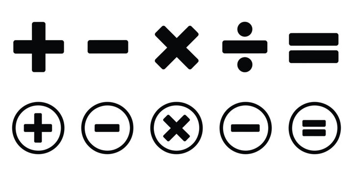Plus minus multiply divide and equal sign icon set featuring clean mathematical symbols for arithmetic education calculators learning and digital interface design.