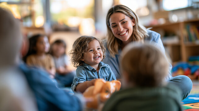 Smiling female teacher helping a young girl during a preschool group activity, children sitting together around a table, early education, childcare, kindergarten lesson, educator support, social 