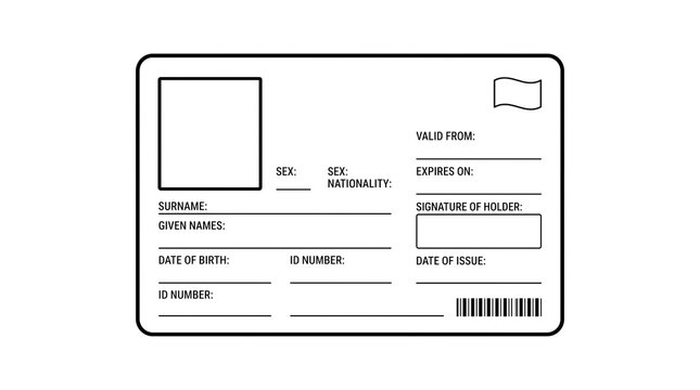 Blank identification card template, minimalist ID card mockup with photo placeholder, black and white driver license layout for verification