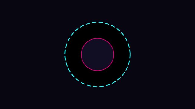Neon circle loading animation with pulsing cyan dashed ring and pink center 4k