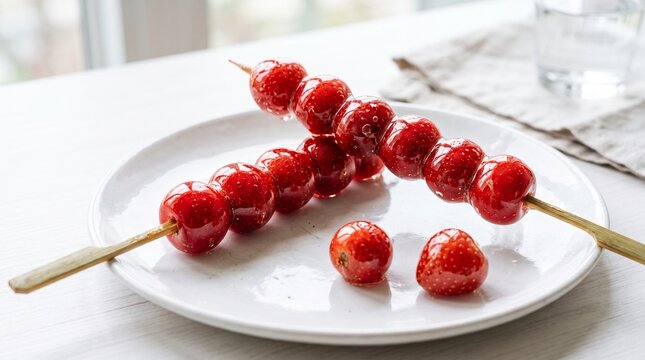 Tanghulu skewers featuring glossy candied fruit arranged horizontally on a clean transparent background ceramic plate.